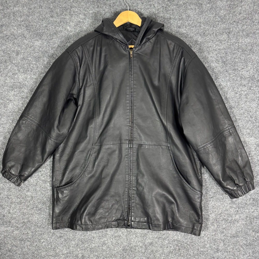 Outbrook Hooded Leather Parka Jacket Women XL Black Genuine Leather GUC RARE